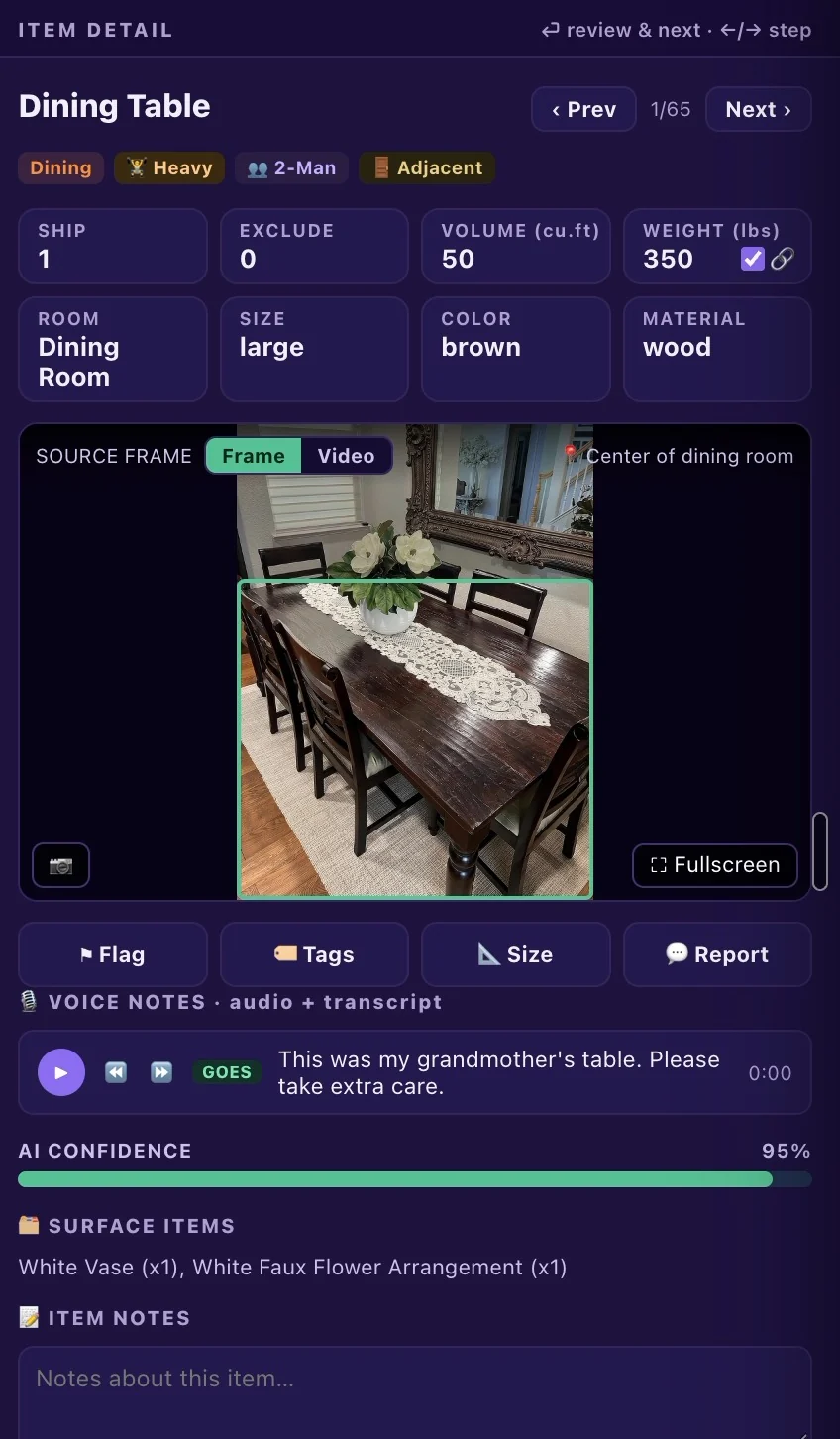 HomeSurvey.ai item detail for a dining table: heavy, 2-man, 50 cubic feet, 350 lbs, with the source frame and the voice note