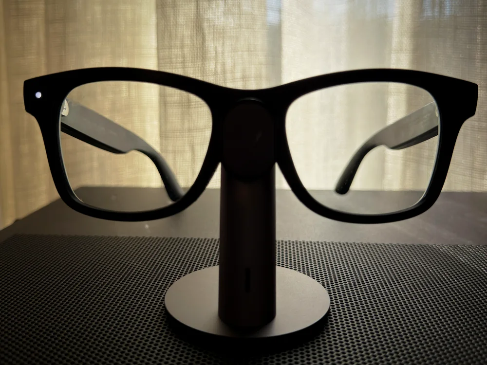 Ray-Ban Meta AI glasses on a stand