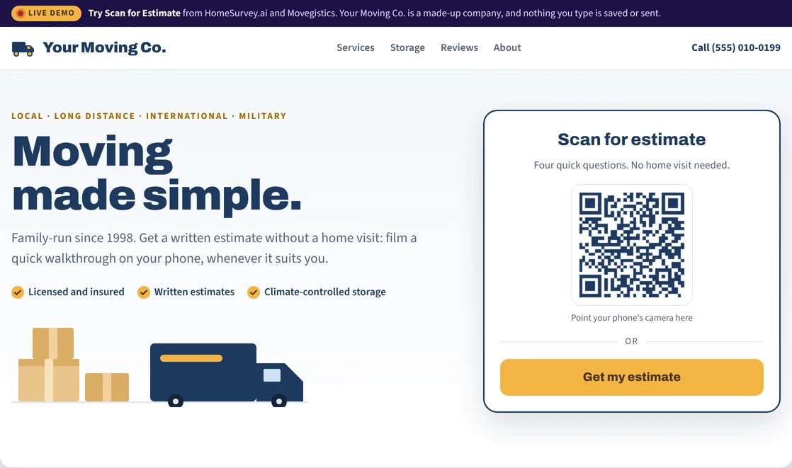 The Scan for Estimate demo: a mover's homepage with a Scan for estimate card and a QR code