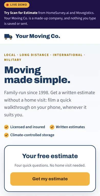 The Scan for Estimate demo on a phone: a mover's homepage with a Get my estimate card