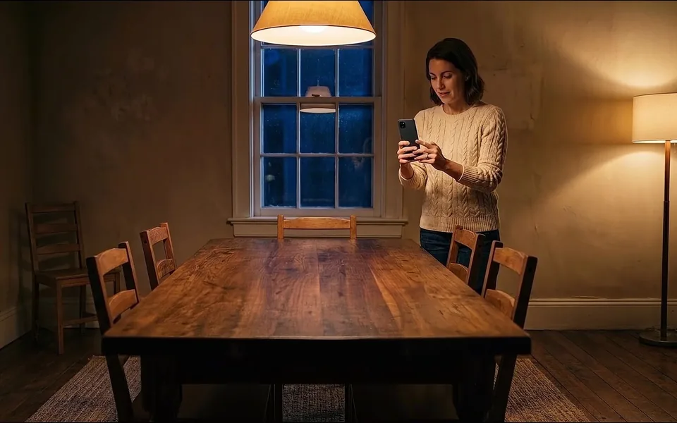 A customer films her dining room with her phone