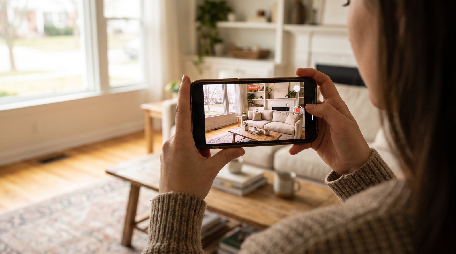 A homeowner films a short video walkthrough of their living room on a phone for a virtual moving estimate