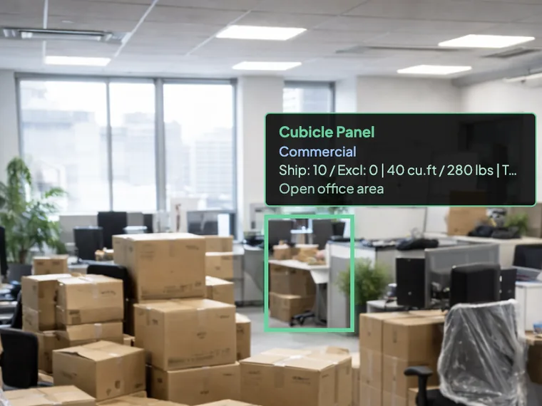 Commercial AI virtual moving survey — HomeSurvey.ai detecting a cubicle panel in a packed office relocation