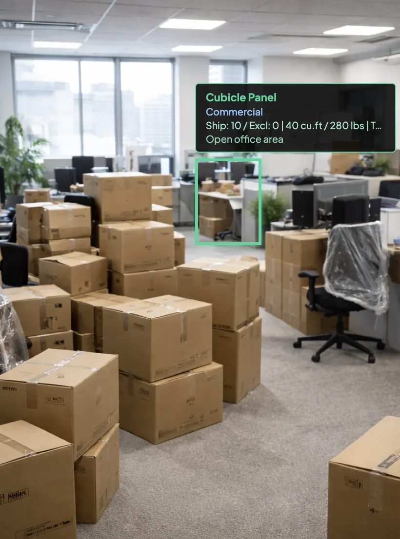 Commercial AI virtual moving survey — a packed office floor with HomeSurvey.ai detecting a cubicle panel and tallying ship/exclude volume for an office relocation.