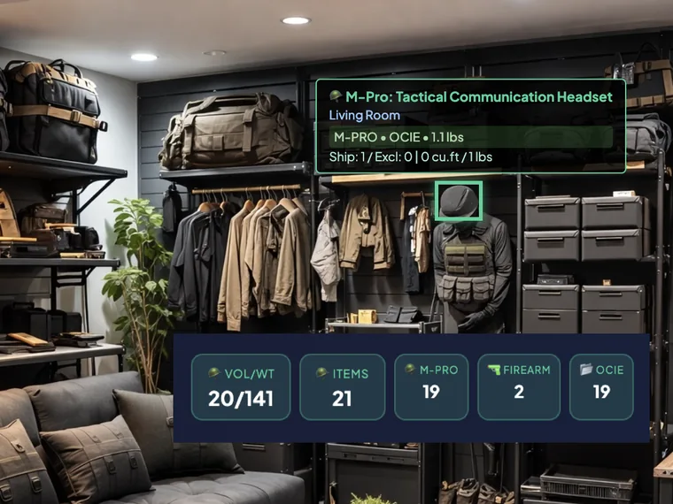 Military PCS AI virtual moving survey — HomeSurvey.ai tagging M-PRO, OCIE and firearms in a tactical gear room