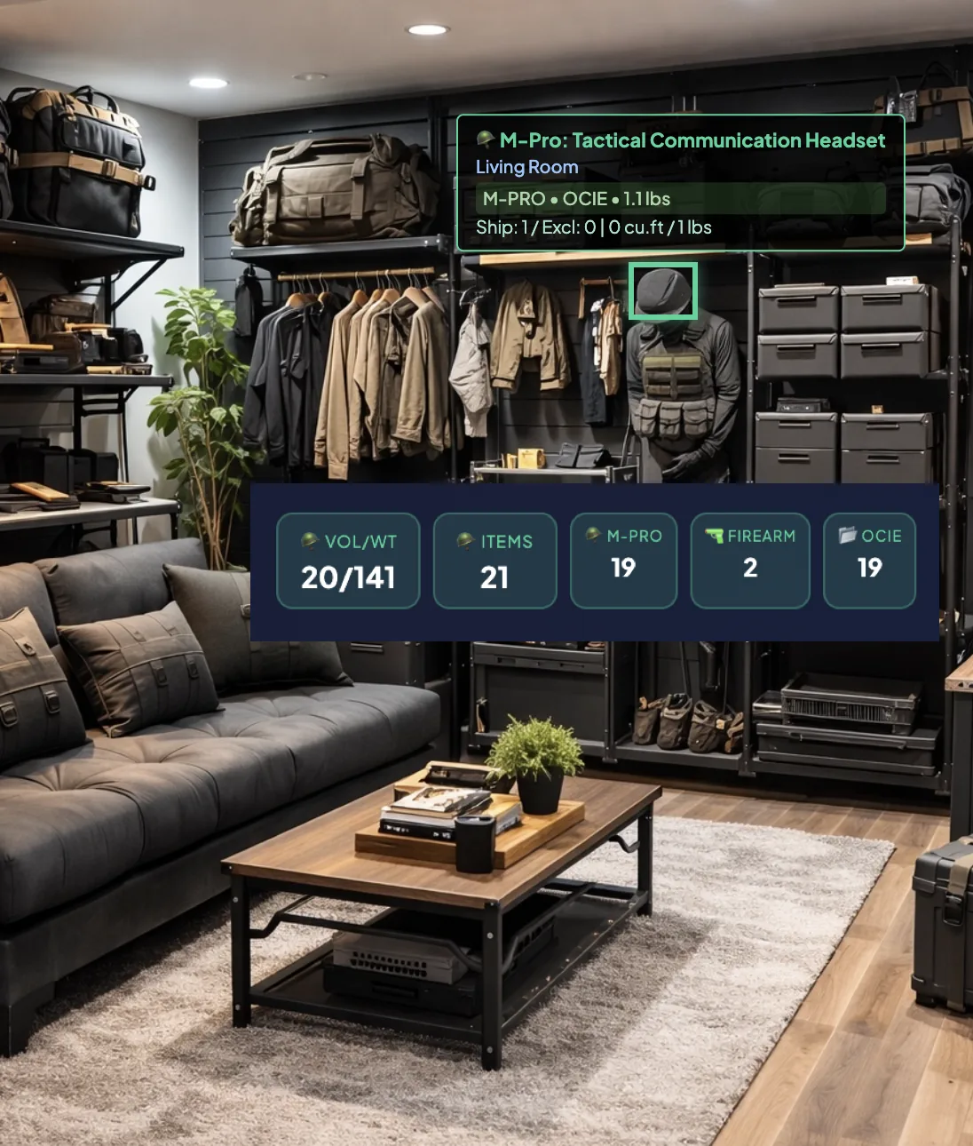 Military PCS AI virtual moving survey — tactical gear room with HomeSurvey.ai tagging M-PRO, OCIE and firearms for JTR-compliant inventory.