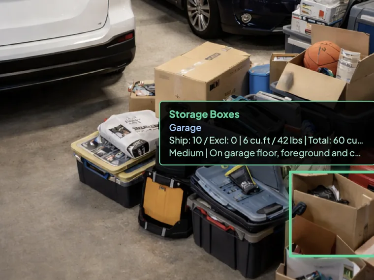 Residential AI virtual moving survey — HomeSurvey.ai detecting and tallying garage storage boxes for a home move