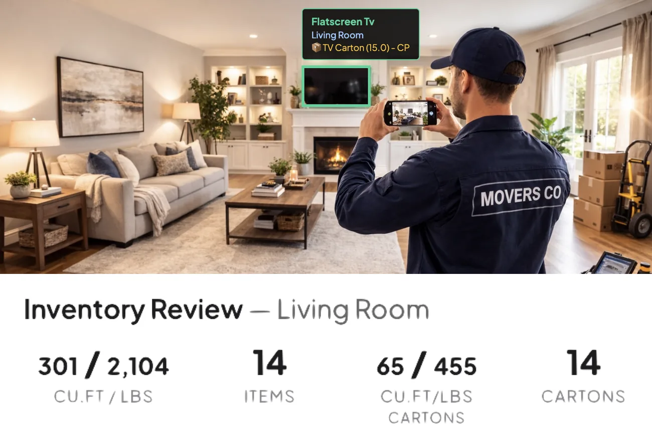 Residential AI virtual moving survey — a mover records a furnished living room on a phone while HomeSurvey.ai detects items and builds a cube sheet (14 items, 14 cartons).