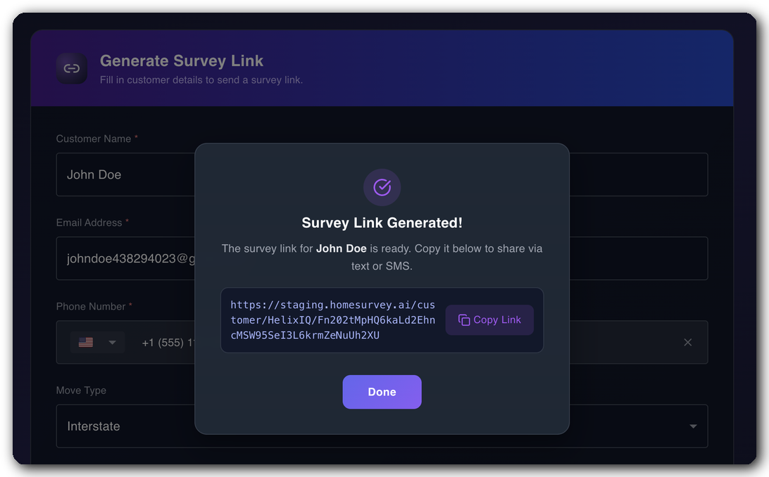 HomeSurvey.ai dashboard showing a generated survey link ready to send by text or email