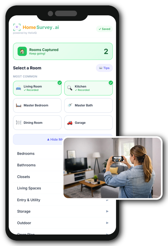 Customer recording rooms on their phone alongside the HomeSurvey.ai questionnaire