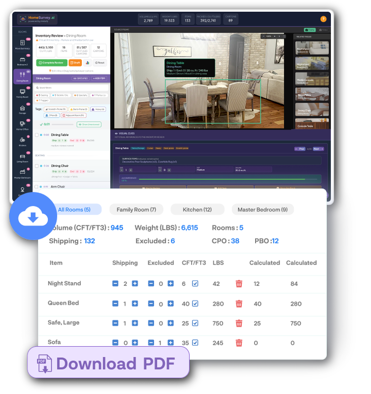 HomeSurvey.ai estimating software — AI-built cube sheet showing volume, weight, cartons and per-item counts ready to export as a CRM PDF