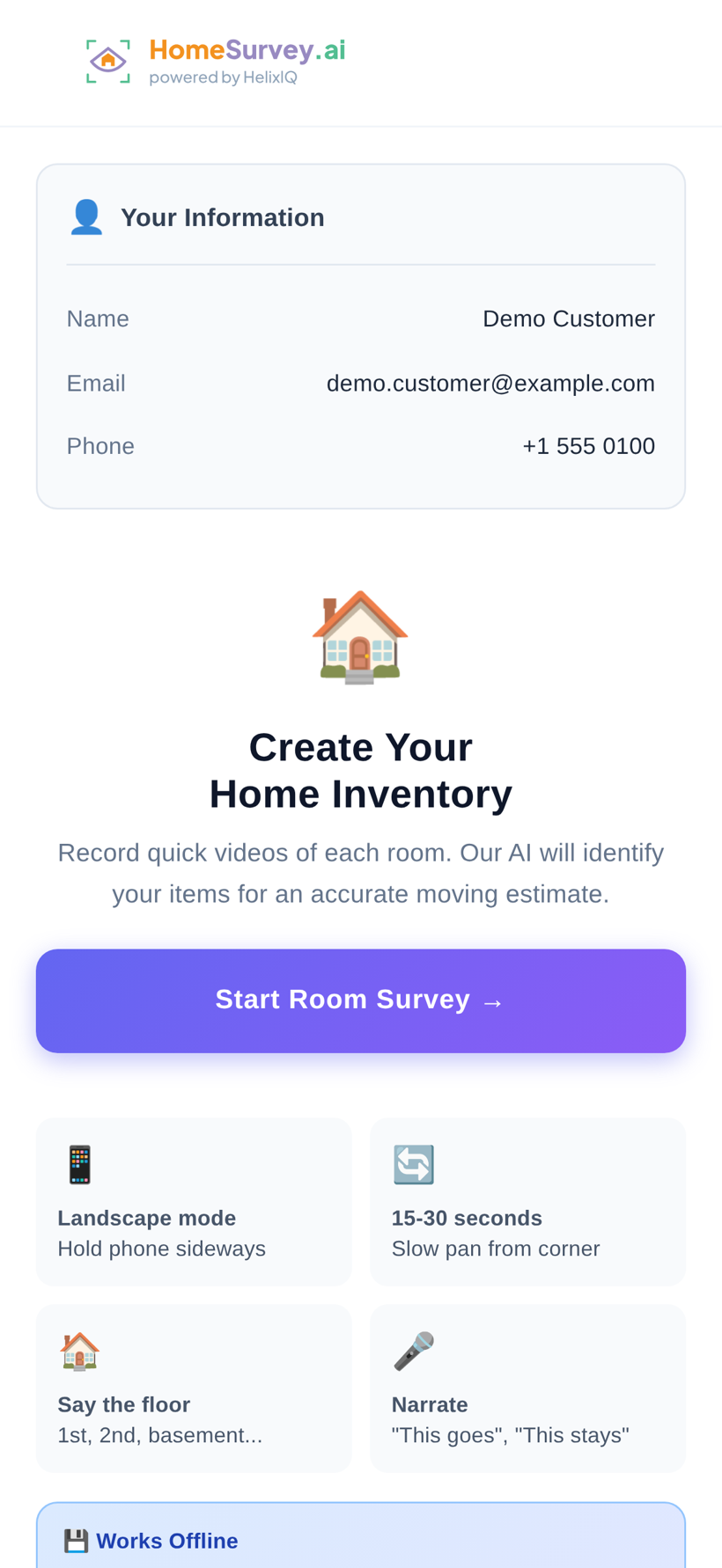 HomeSurvey.ai customer screen — taps the texted link to start a home inventory, no app to download