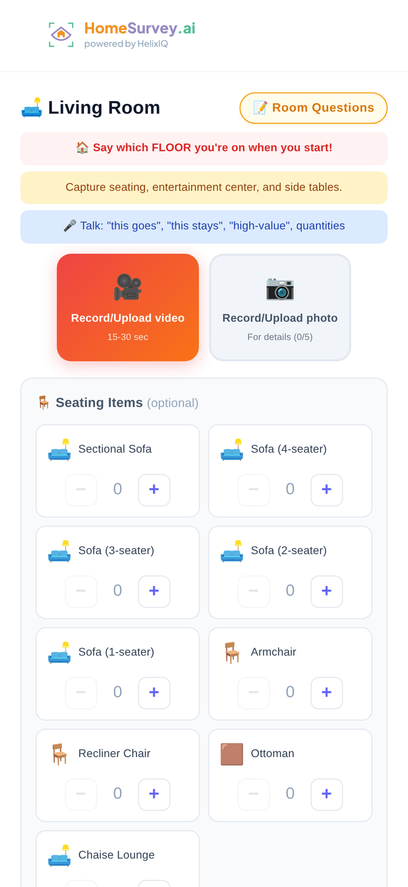 HomeSurvey.ai customer films the living room while the app shows a guided item checklist