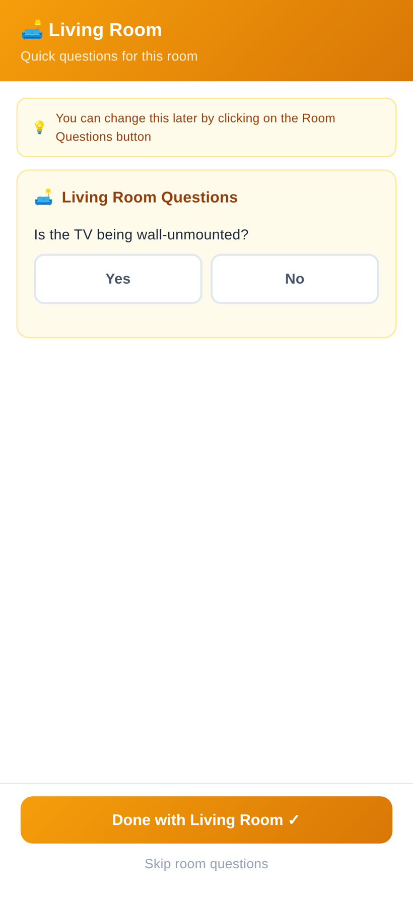 HomeSurvey.ai asks smart room questions, like whether the TV needs wall-unmounting