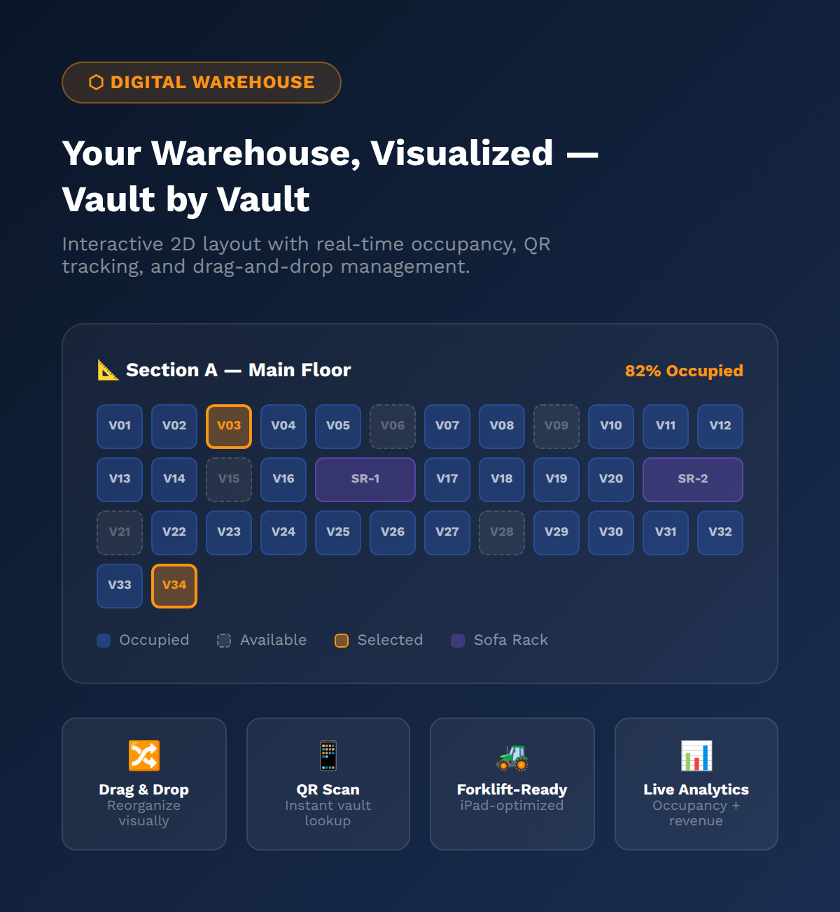Digital warehouse management showing 2D floor plan layout with vaults and QR tracking