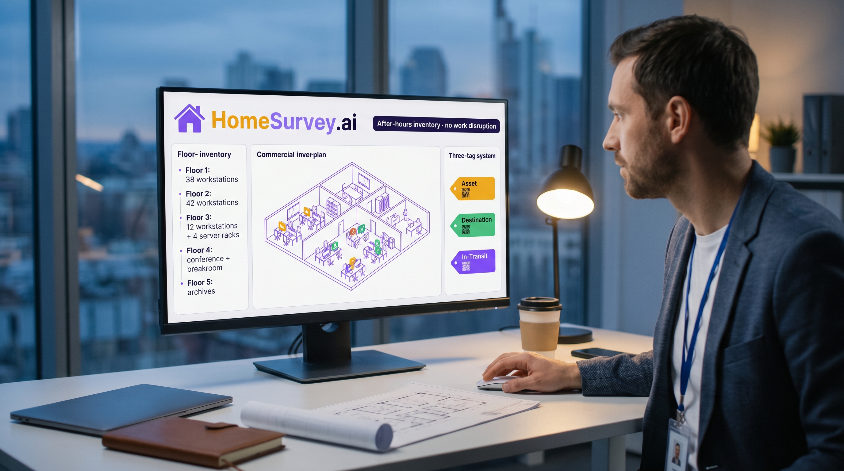 A facilities manager walking through a modern open-plan office at dusk after hours, recording an AI inventory survey on a phone — workstations and cubicles in the background, a glass-walled server room, HomeSurvey.ai commercial inventory UI on screen with three-tag asset labels