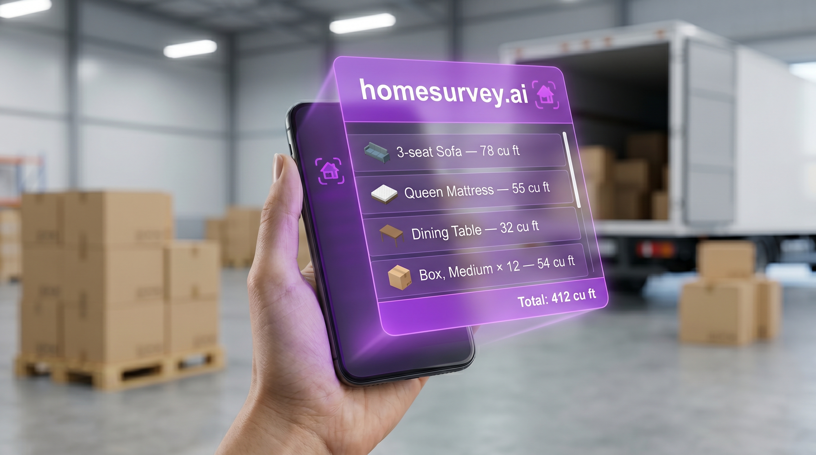 HomeSurvey.ai AI-powered moving inventory: holographic itemized list showing sofa, mattress, dining table, boxes and total cubic-foot volume