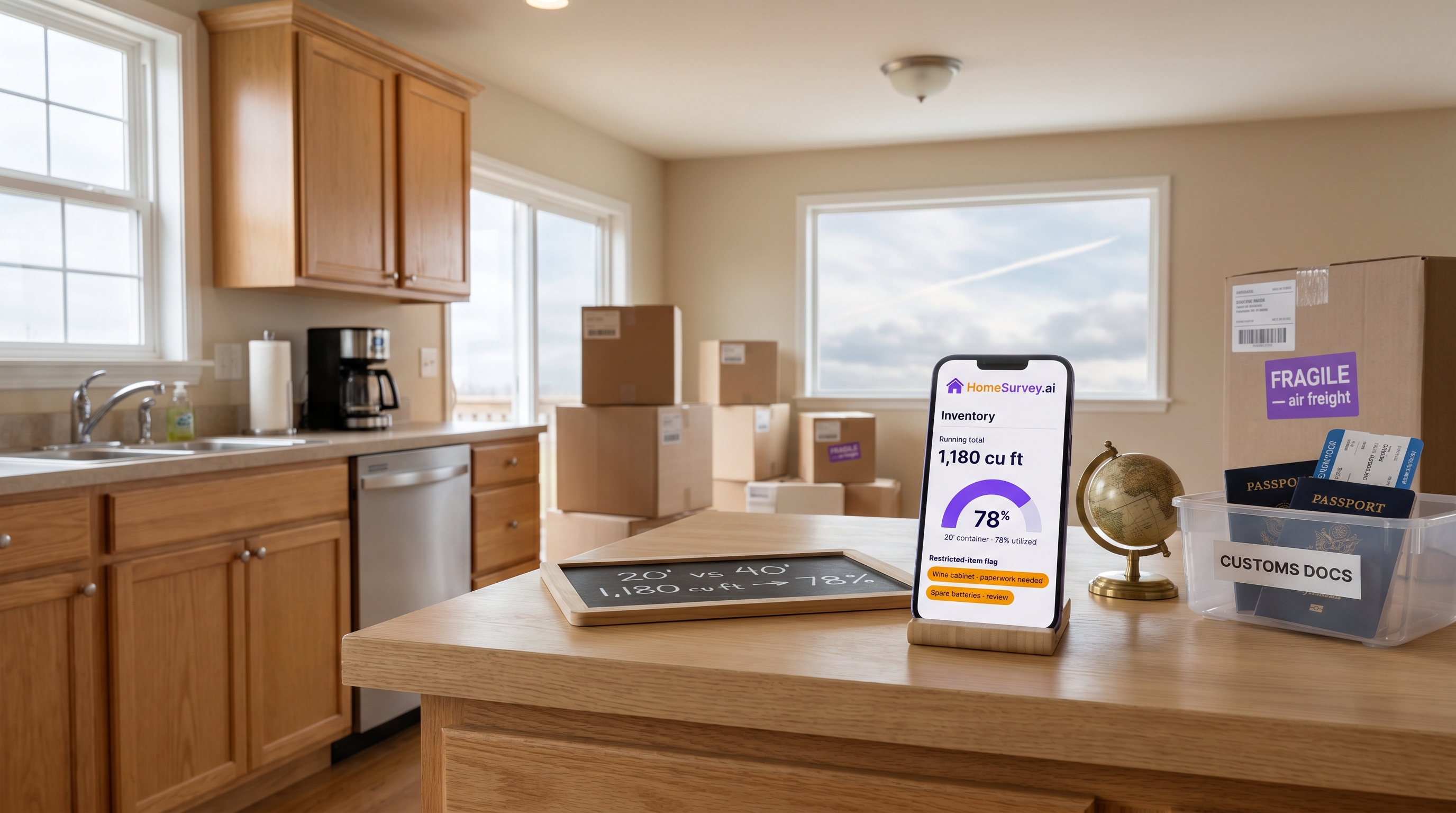 A customer in a globally-styled home office recording an AI virtual moving survey on a phone for an overseas relocation — international shipping documentation visible, world map graphic, HomeSurvey.ai walkthrough UI showing container capacity and customs flags