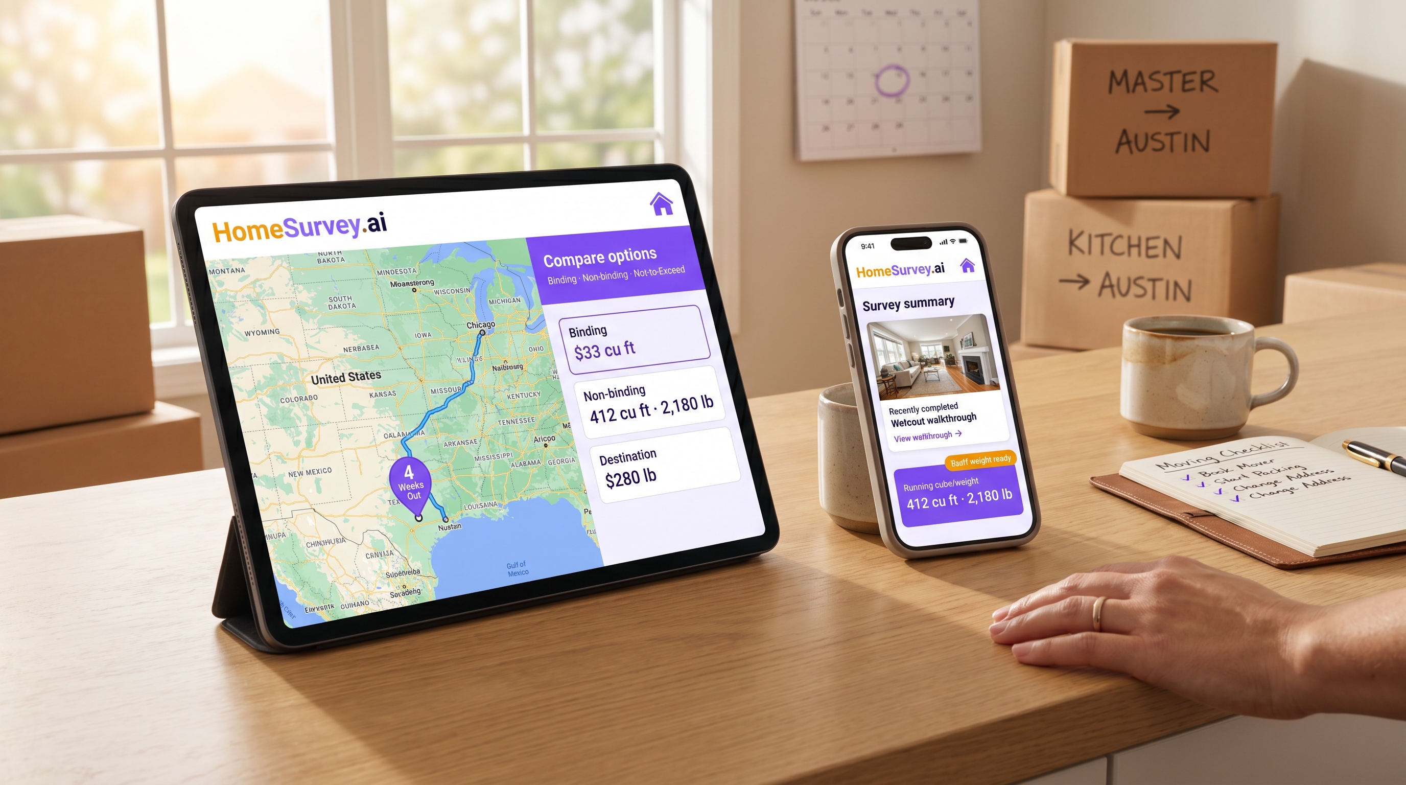 A customer in a suburban home recording an AI virtual moving survey on a phone for a cross-country move — boxes labeled by destination, US map graphic on the wall, HomeSurvey.ai UI on screen with weight and cube totals