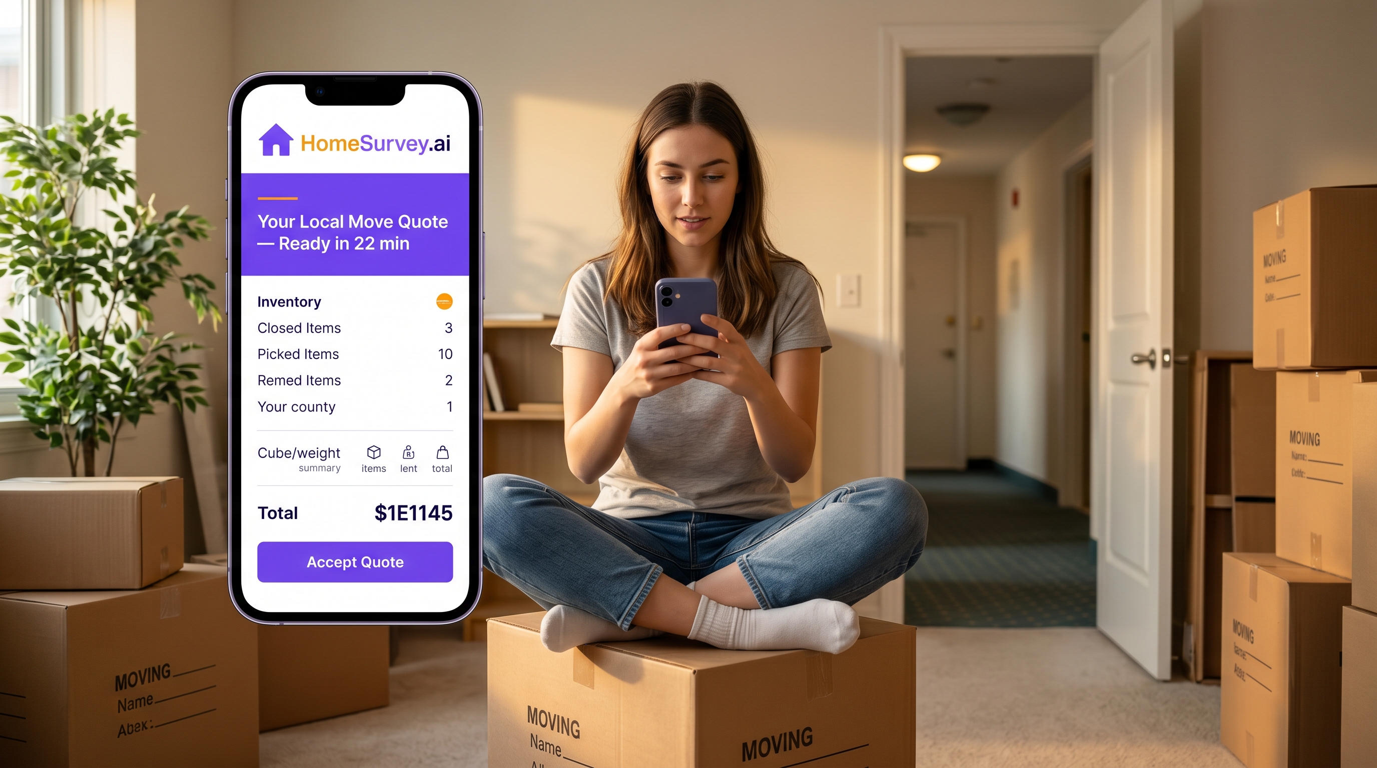 A customer in a city apartment recording an AI virtual moving survey on a phone — small living room with sofa, boxes, and visible elevator hallway, with the HomeSurvey.ai walkthrough UI on screen