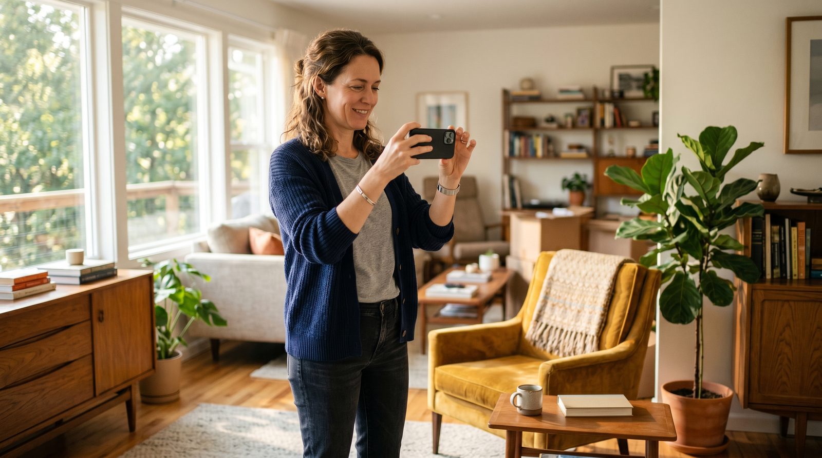 A homeowner standing in a sunlit living room recording a slow video walkthrough of their furniture on a smartphone for a moving survey