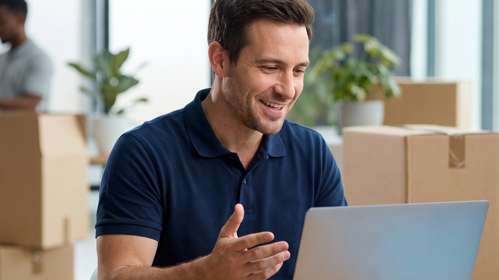 A moving company sales rep in a navy polo smiling and gesturing during a laptop video call at his desk, with moving boxes stacked in the bright office behind him