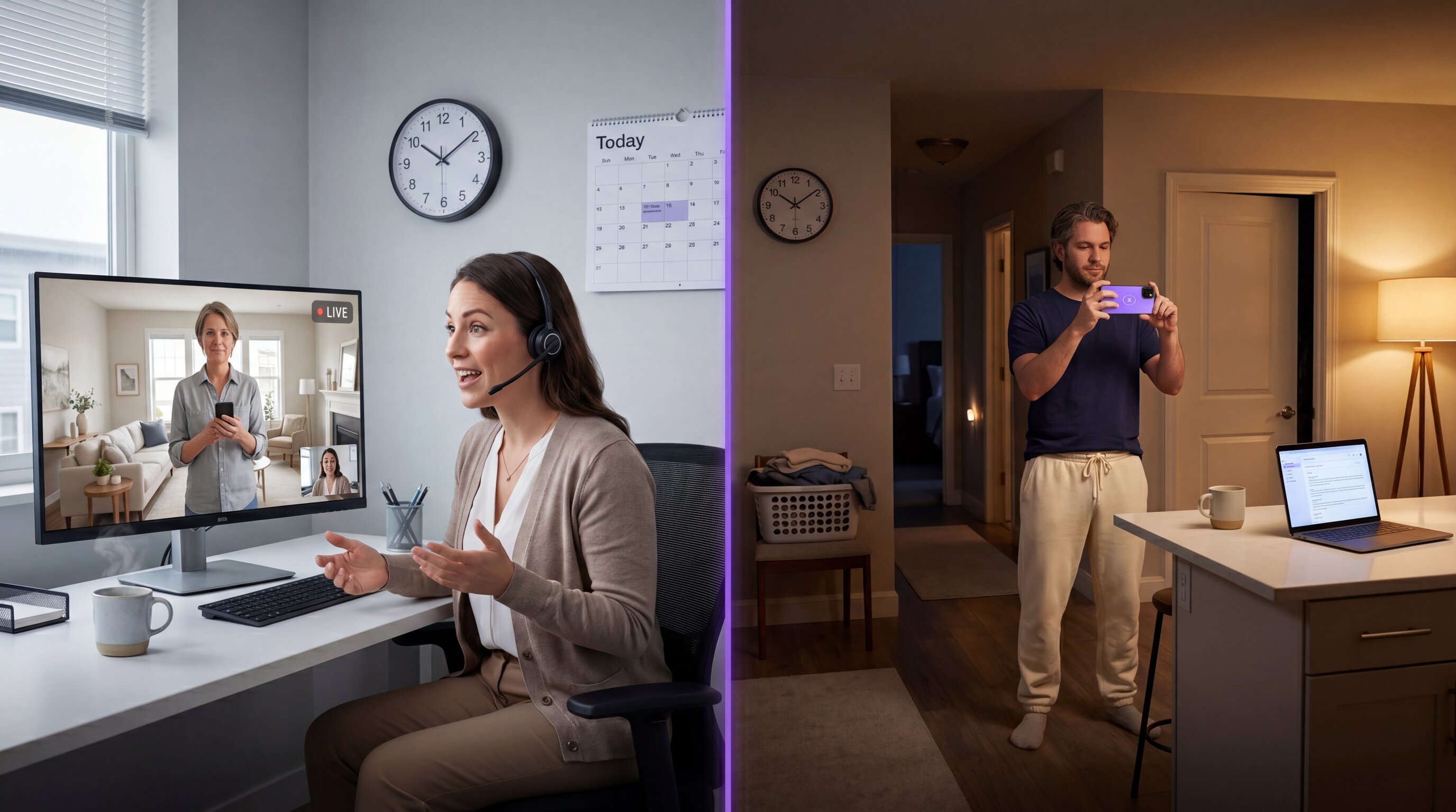 Live video vs async video moving surveys compared side-by-side — two smartphones showing the HomeSurvey.ai live-survey scheduling screen and the async record-now screen, divided by a brand-purple gradient line