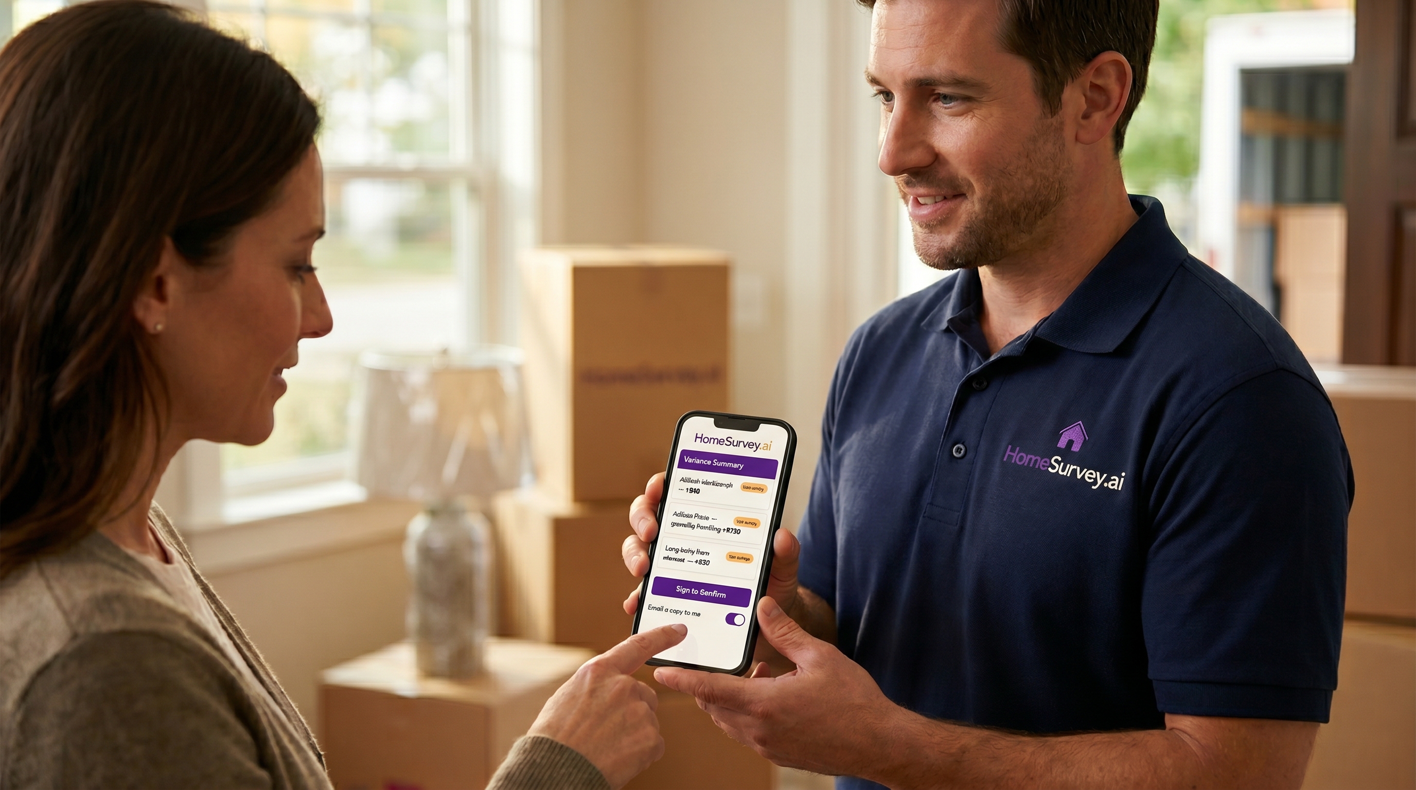 A moving crew foreman in a HomeSurvey.ai-branded polo holding a phone in a customer's driveway, performing a move-day audit — open truck behind him, AI variance dashboard on the phone screen showing original survey vs actual items with timestamped video evidence
