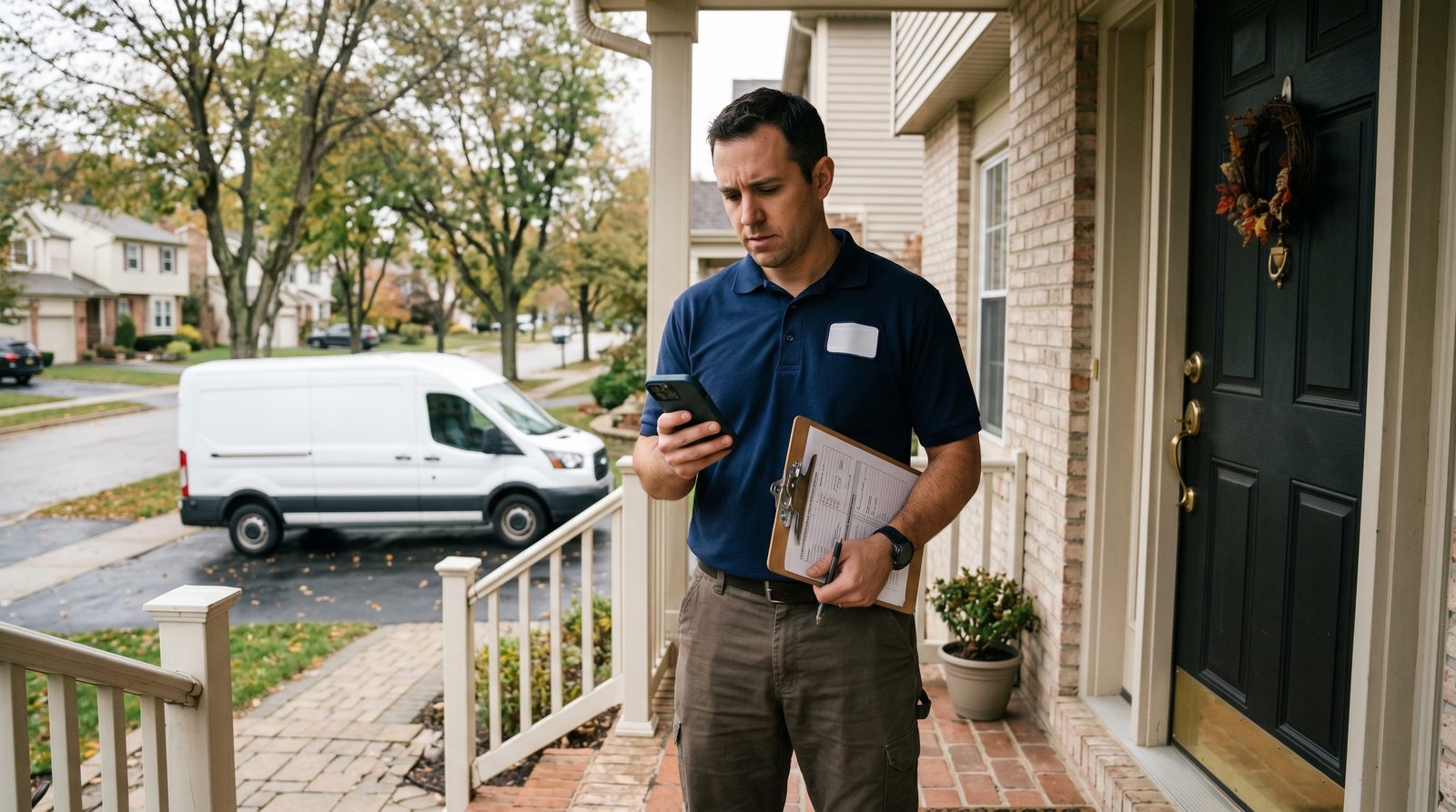 A moving company estimator standing on an empty doorstep checking a phone after a no-show appointment, with the company truck parked at the curb
