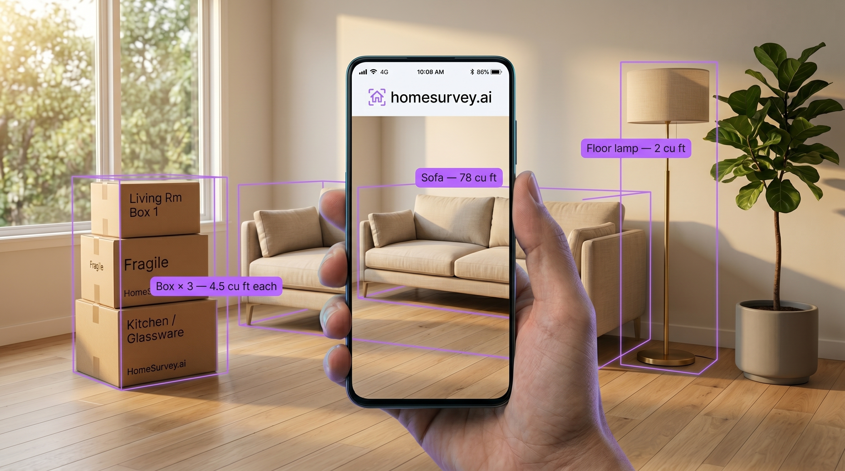 HomeSurvey.ai virtual moving survey: AI-powered phone scan of a living room with real-time cube-foot estimates for sofa, boxes, and floor lamp