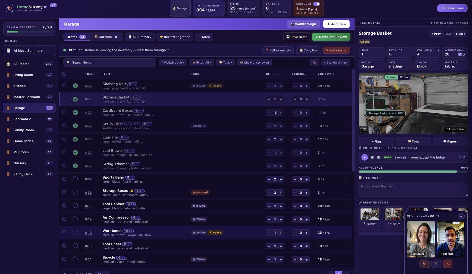 The real Review Together session in the HomeSurvey.ai dashboard: rep and customer video tiles over the AI-built inventory, follow-me on, an item open with its voice note and AI confidence