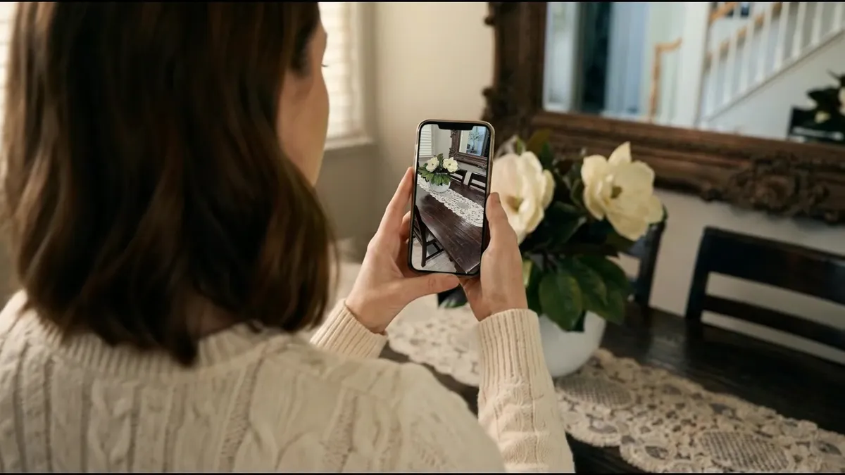 Emily films her dining room with her phone